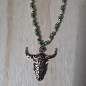 Western Bull Skull Necklace Turquoise Style Beaded Chain | Southwestern Boho Pen